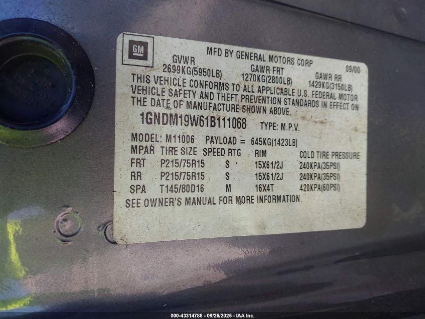 2001 Chevrolet Astro Ls VIN: 1GNDM19W61B111068 Lot: 43314788