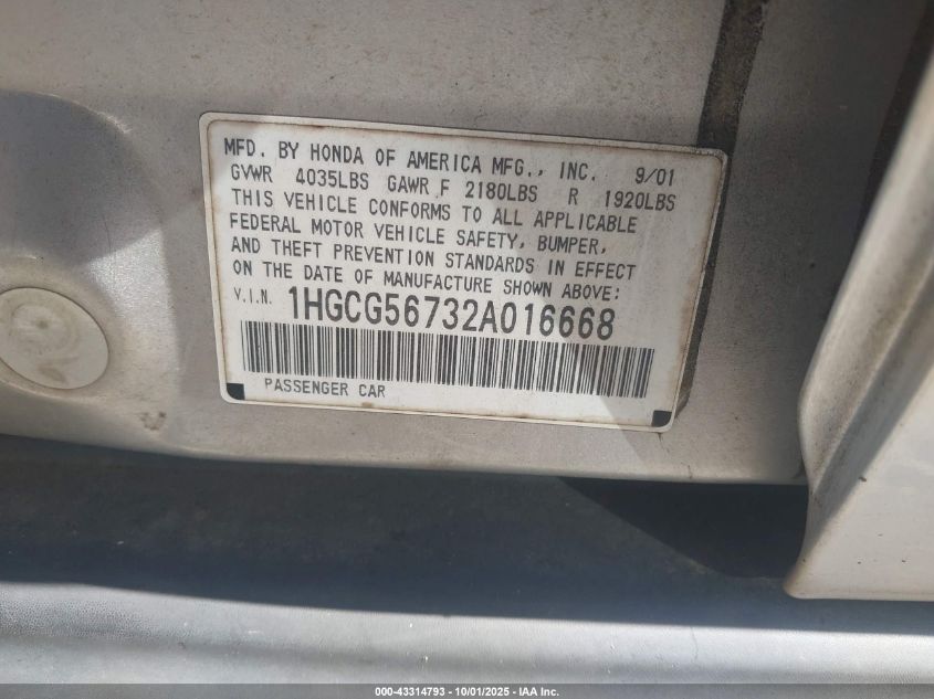 2002 Honda Accord 2.3 Se VIN: 1HGCG56732A016668 Lot: 43314793