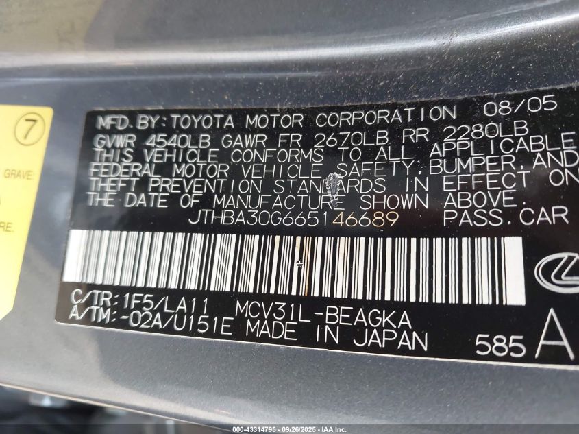 2006 Lexus Es 330 VIN: JTHBA30G665146689 Lot: 43314795