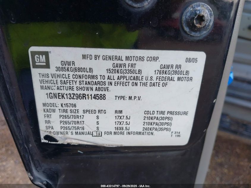 2006 Chevrolet Tahoe Z71 VIN: 1GNEK13Z96R114588 Lot: 43314797