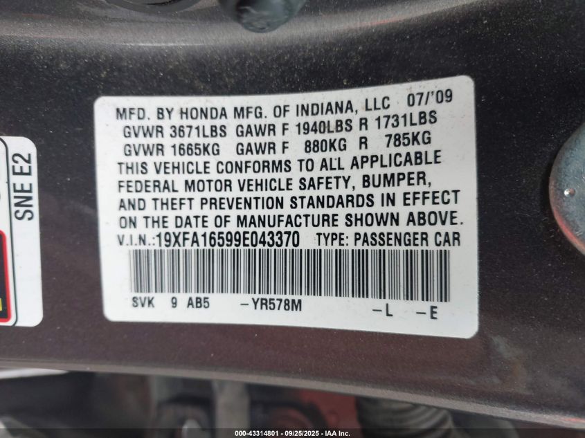 2009 Honda Civic Lx VIN: 19XFA16599E043370 Lot: 43314801
