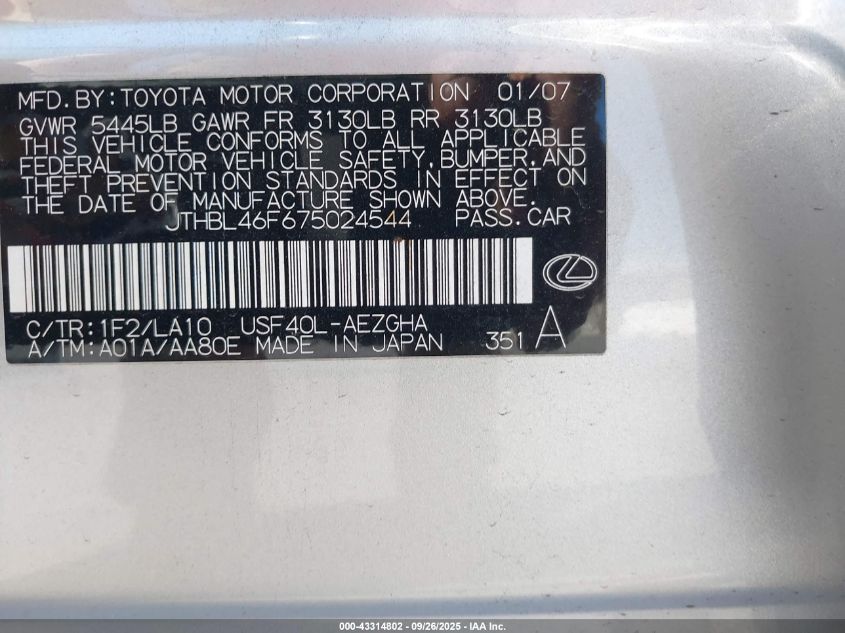 2007 Lexus Ls 460 VIN: JTHBL46F675024544 Lot: 43314802