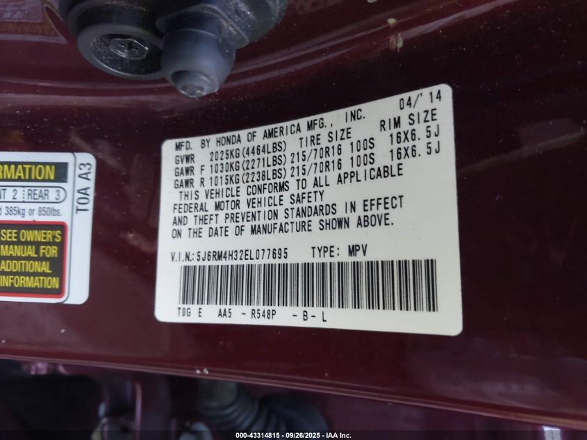 2014 Honda Cr-V Lx VIN: 5J6RM4H32EL077695 Lot: 43314815