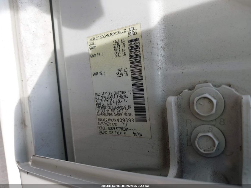 2010 Nissan Altima 2.5 S VIN: 1N4AL2APXAN409393 Lot: 43314816