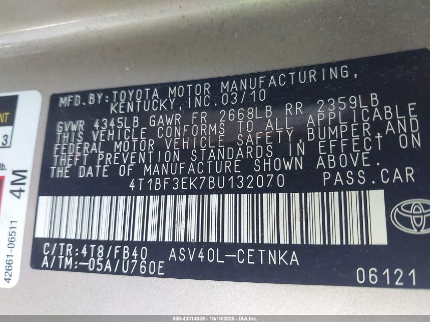 2011 Toyota Camry Le VIN: 4T1BF3EK7BU132070 Lot: 43314839