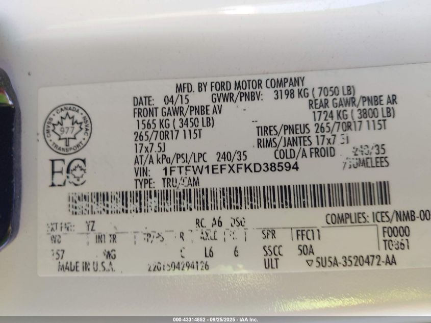 2015 Ford F150 Supercrew VIN: 1FTFW1EFXFKD38594 Lot: 43314852