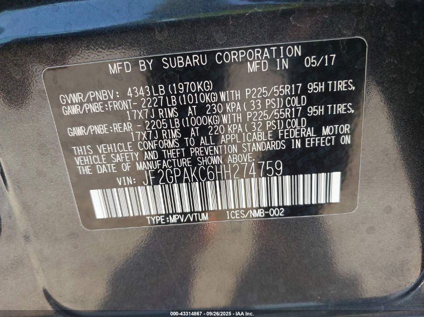 2017 Subaru Crosstrek 2.0I Limited VIN: JF2GPAKC6HH274759 Lot: 43314867