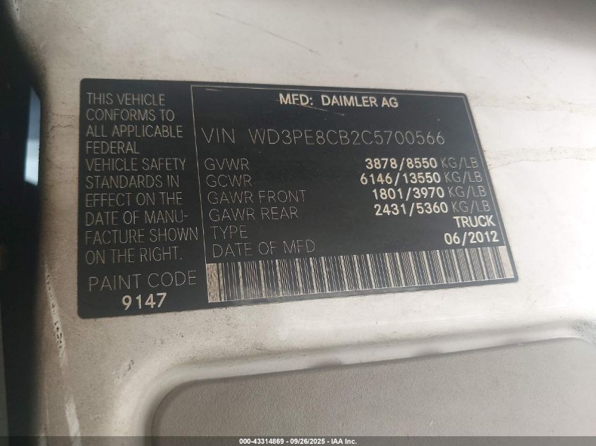 2012 Mercedes-Benz Sprinter 2500 High Roof VIN: WD3PE8CB2C5700566 Lot: 43314869