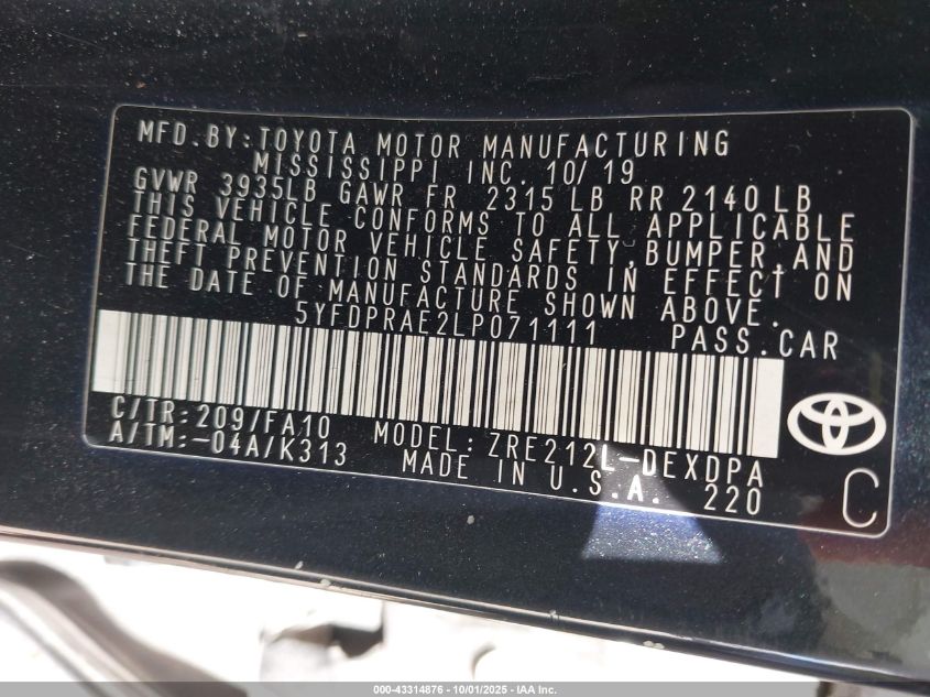 2020 Toyota Corolla L VIN: 5YFDPRAE2LP071111 Lot: 43314876