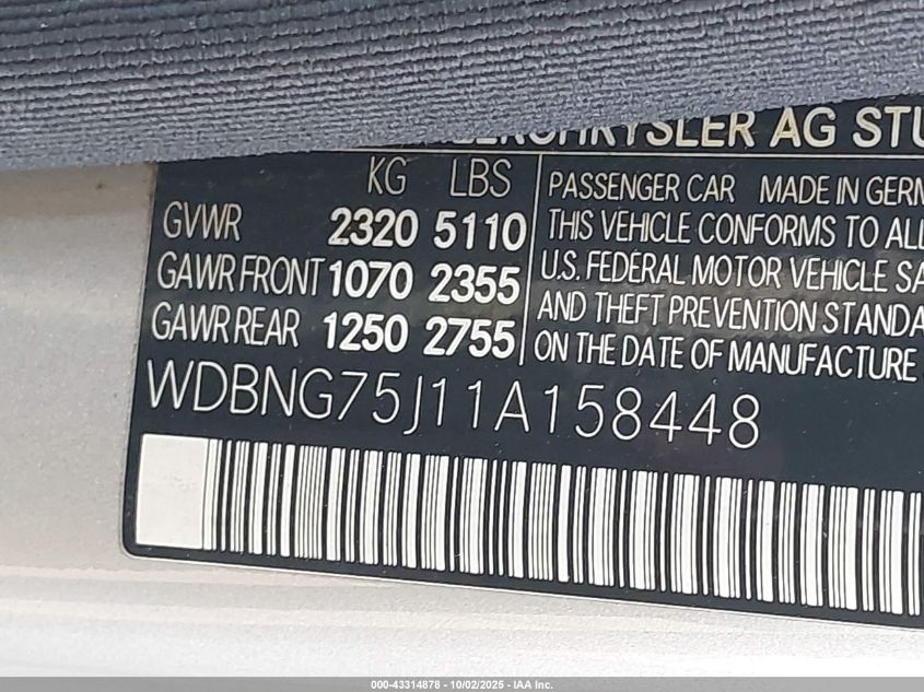 2001 Mercedes-Benz S 500 500 VIN: WDBNG75J11A158448 Lot: 43314878