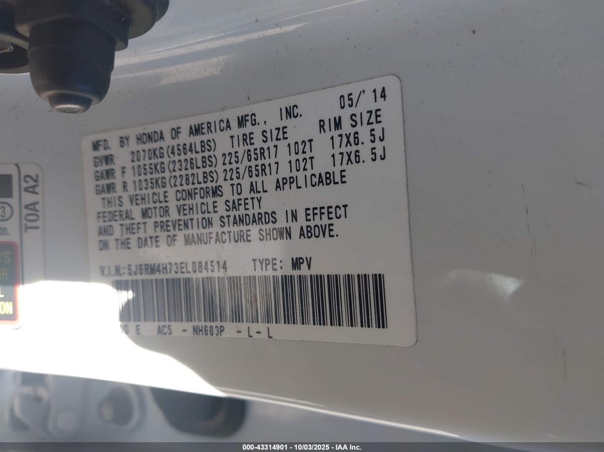 2014 HONDA CR-V EX-L - 5J6RM4H73EL084514