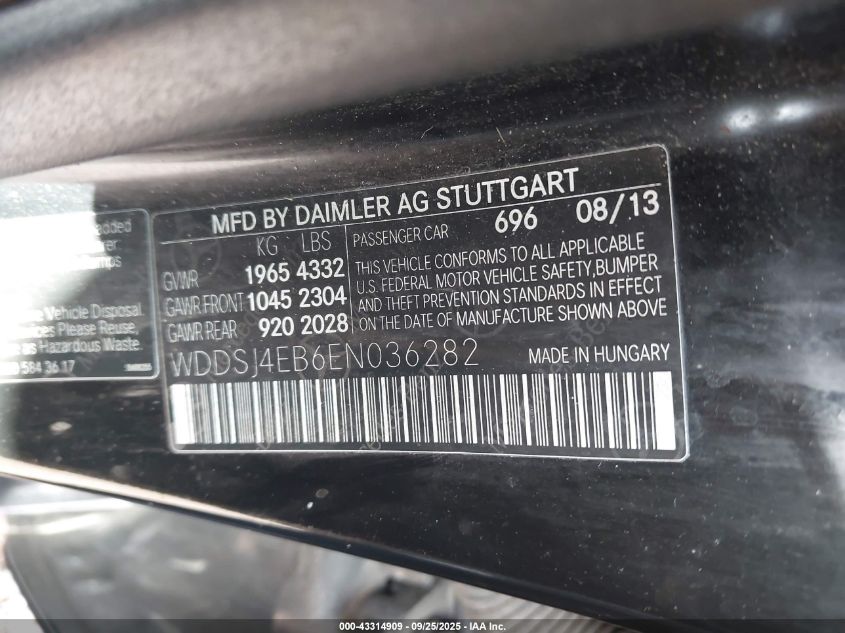 2014 Mercedes-Benz Cla 250 VIN: WDDSJ4EB6EN036282 Lot: 43314909