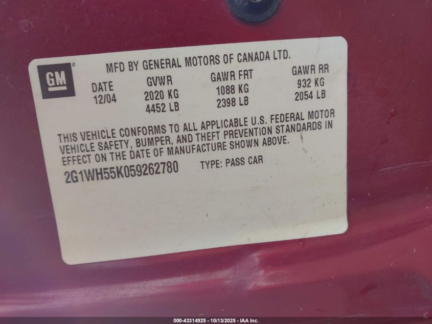 2005 Chevrolet Impala Ls VIN: 2G1WH55K059262780 Lot: 43314925