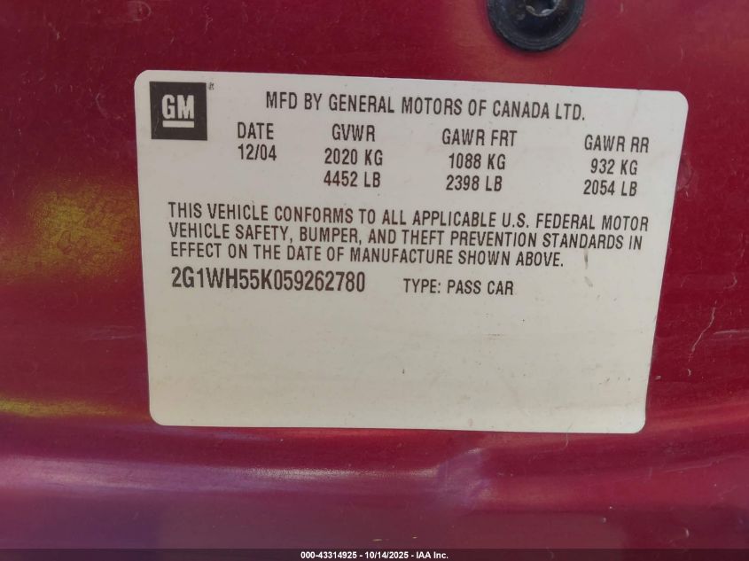 2005 Chevrolet Impala Ls VIN: 2G1WH55K059262780 Lot: 43314925