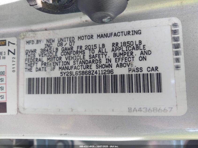 2008 Pontiac Vibe VIN: 5Y2SL65868Z411296 Lot: 43314928