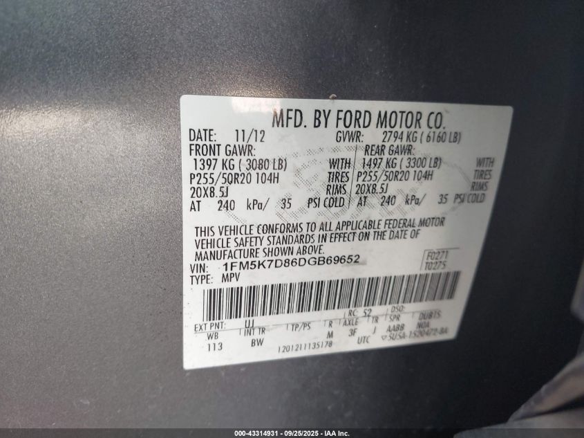 2013 Ford Explorer Xlt VIN: 1FM5K7D86DGB69652 Lot: 43314931