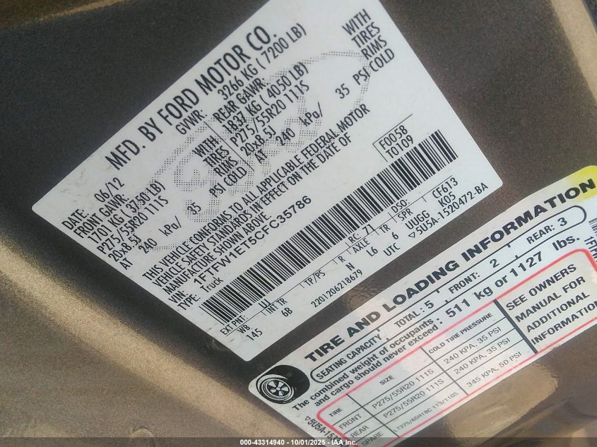 2012 Ford F-150 Fx4 VIN: 1FTFW1ET5CFC35786 Lot: 43314940