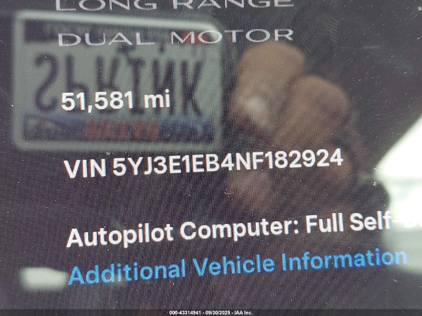 2022 Tesla Model 3 Long Range Dual Motor All-Wheel Drive VIN: 5YJ3E1EB4NF182924 Lot: 43314941