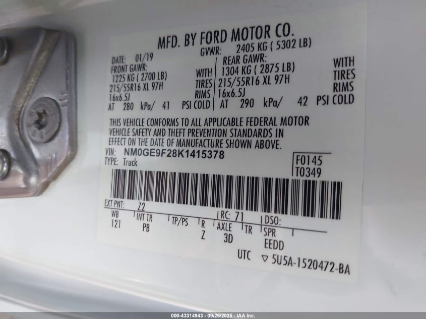 2019 Ford Transit Connect Xlt VIN: NM0GE9F28K1415378 Lot: 43314943