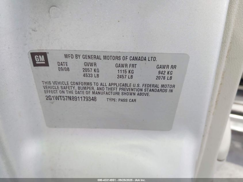 2009 Chevrolet Impala Lt VIN: 2G1WT57N891179348 Lot: 43314951