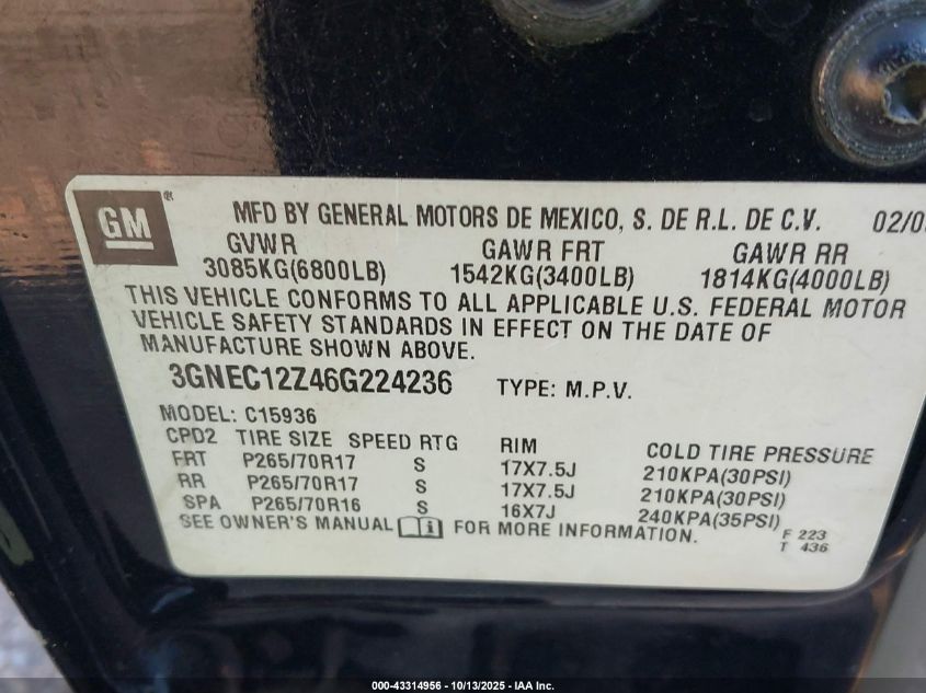 2006 Chevrolet Avalanche 1500 Z66 VIN: 3GNEC12Z46G224236 Lot: 43314956