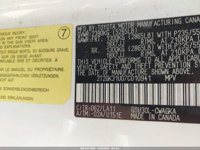 2007 Lexus Rx 350 VIN: 2T2GK31U07C010941 Lot: 43314958