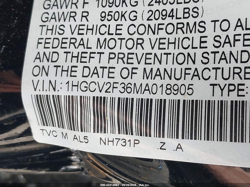 2021 HONDA ACCORD SPORT 2.0T - 1HGCV2F36MA018905