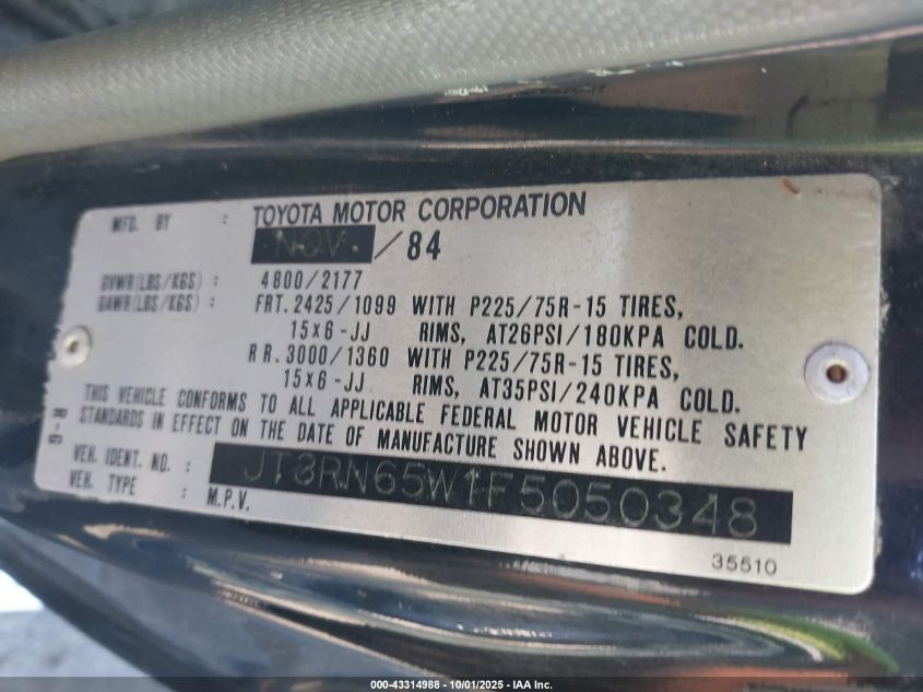 1985 Toyota 4Runner VIN: JT3RN65W1F5050334 Lot: 43314988