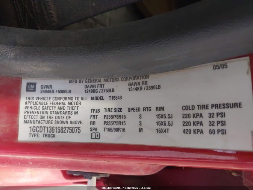 2005 Chevrolet Colorado Ls VIN: 1GCDT136158275075 Lot: 43314995