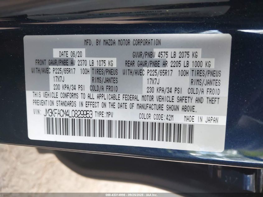 2020 Mazda Cx-5 Touring VIN: JM3KFACM4L0829953 Lot: 43314998