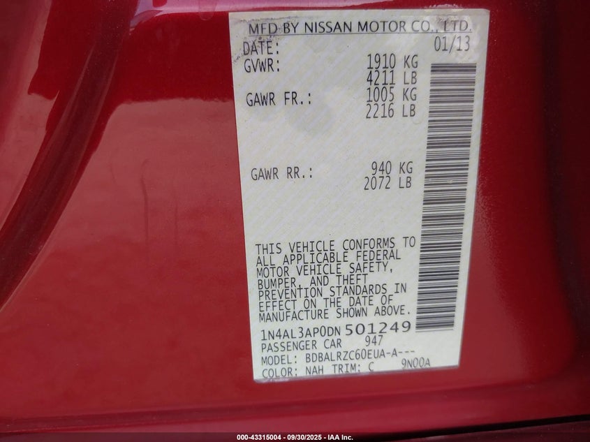 2013 Nissan Altima 2.5 S VIN: 1N4AL3AP0DN501249 Lot: 43315004