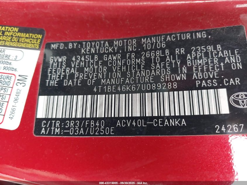 2007 Toyota Camry Le VIN: 4T1BE46K67U089288 Lot: 43315005
