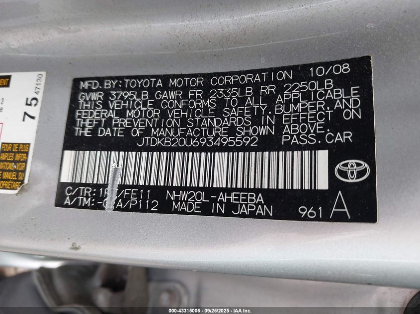 2009 Toyota Prius VIN: JTDKB20U693495592 Lot: 43315006