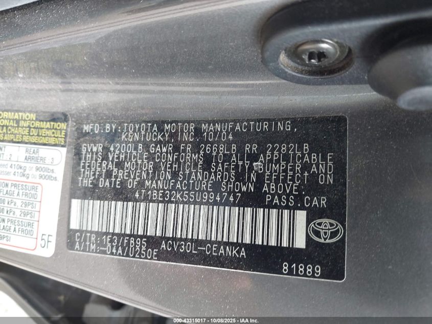 2005 Toyota Camry Le VIN: 4T1BE32K55U994747 Lot: 43315017