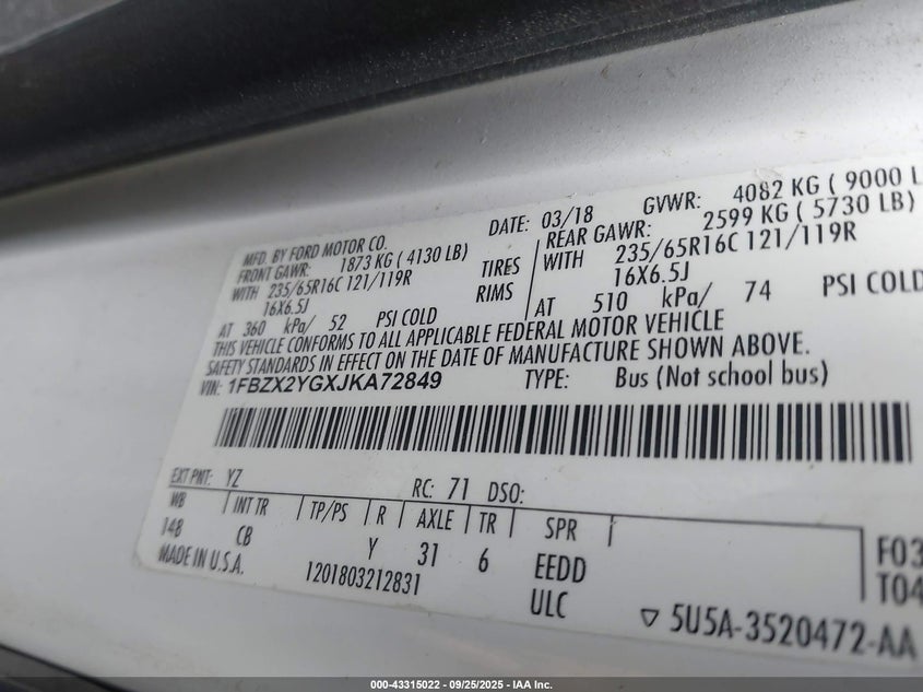 2018 FORD TRANSIT-350 XLT - 1FBZX2YGXJKA72849