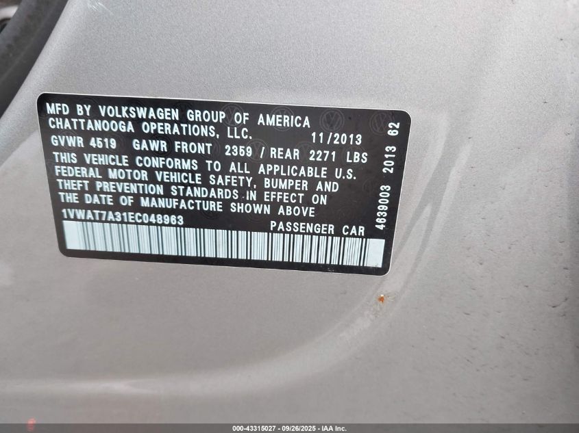 2014 Volkswagen Passat 1.8T Wolfsburg Edition VIN: 1VWAT7A31EC048963 Lot: 43315027