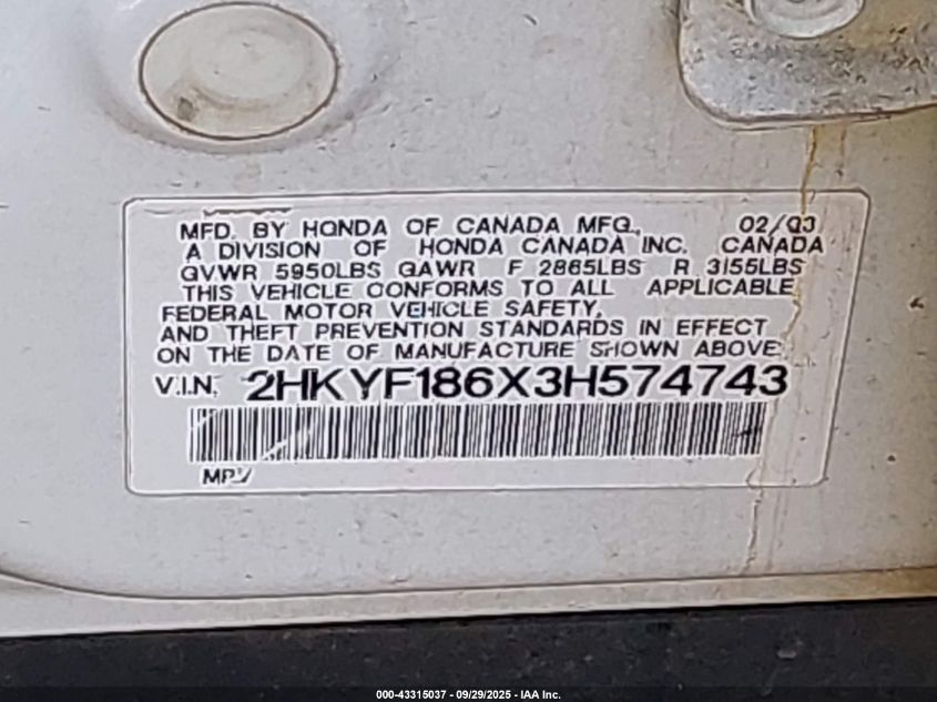 2003 Honda Pilot Ex-L VIN: 2HKYF186X3H574743 Lot: 43315037