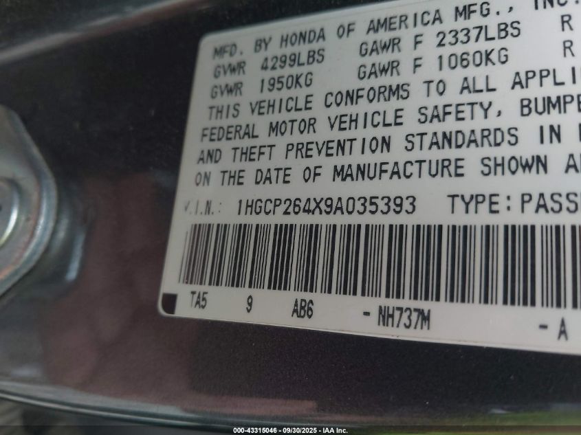 2009 Honda Accord 2.4 Lx-P VIN: 1HGCP264X9A035393 Lot: 43315046