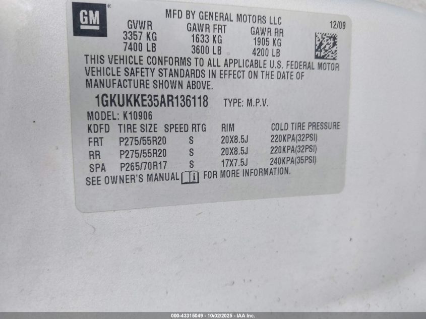2010 GMC Yukon Xl 1500 Slt VIN: 1GKUKKE35AR136118 Lot: 43315049