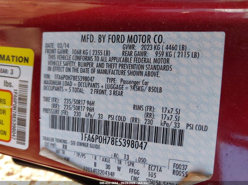2014 Ford Fusion Se VIN: 1FA6P0H78E5398047 Lot: 43315054