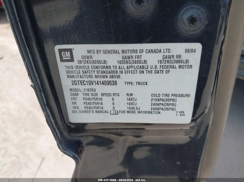2004 GMC Sierra 1500 Sle VIN: 2GTEC19V141409538 Lot: 43315066