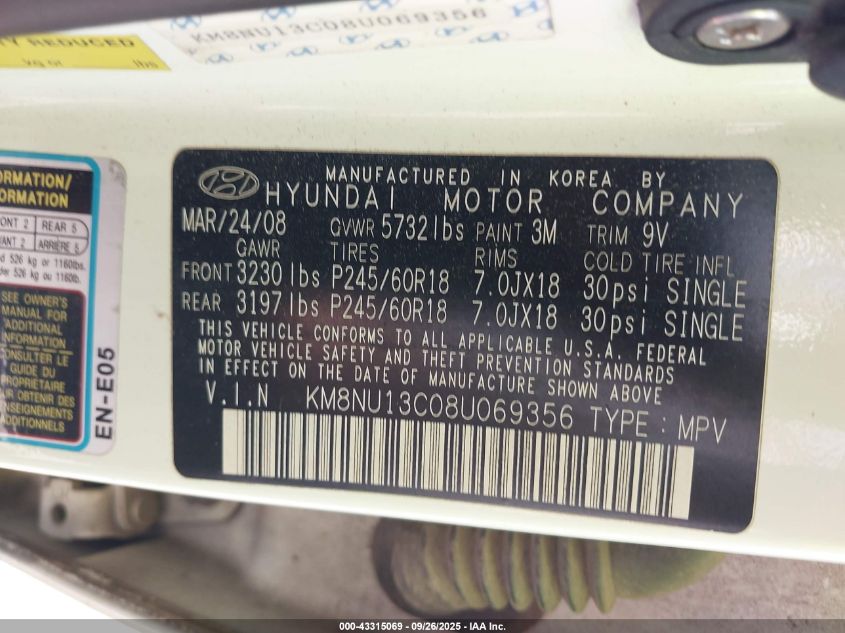 2008 Hyundai Veracruz Gls/Limited/Se VIN: KM8NU13C08U069356 Lot: 43315069