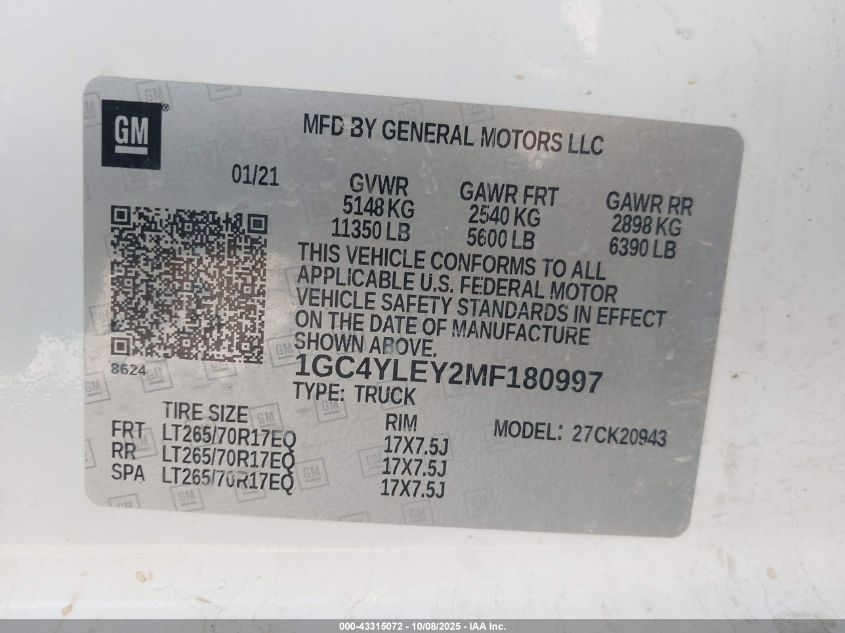 2021 Chevrolet Silverado 2500Hd 4Wd Long Bed Wt VIN: 1GC4YLEY2MF180997 Lot: 43315072