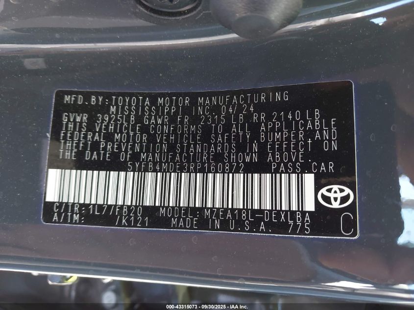 2024 Toyota Corolla Le VIN: 5YFB4MDE3RP160872 Lot: 43315073