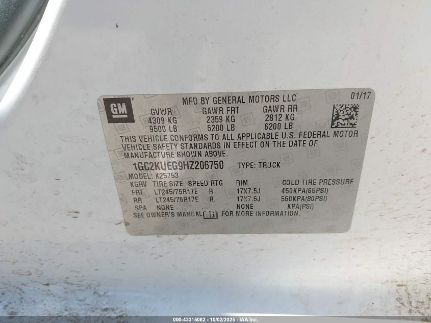 2017 Chevrolet Silverado 2500Hd Wt VIN: 1GC2KUEG9HZ206750 Lot: 43315082