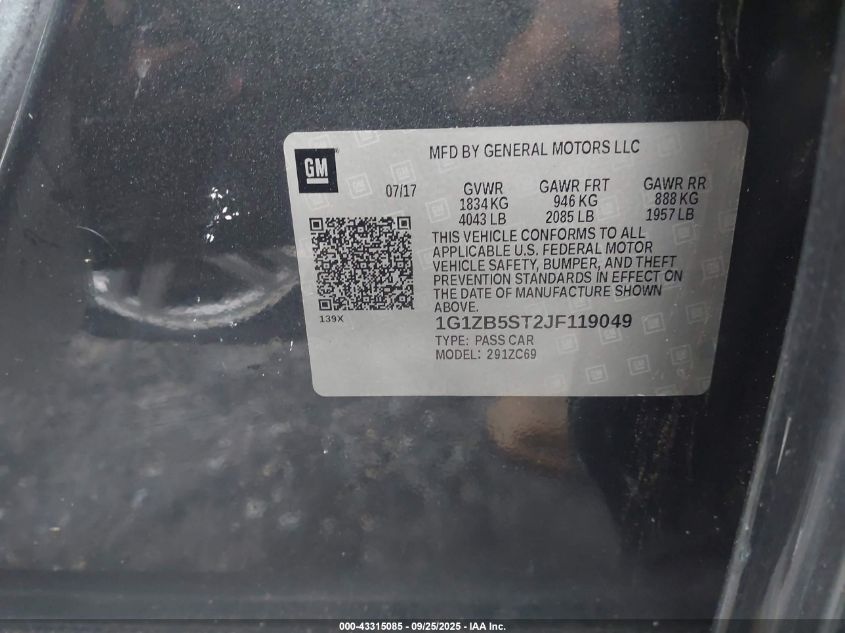 2018 Chevrolet Malibu 1Ls VIN: 1G1ZB5ST2JF119049 Lot: 43315085