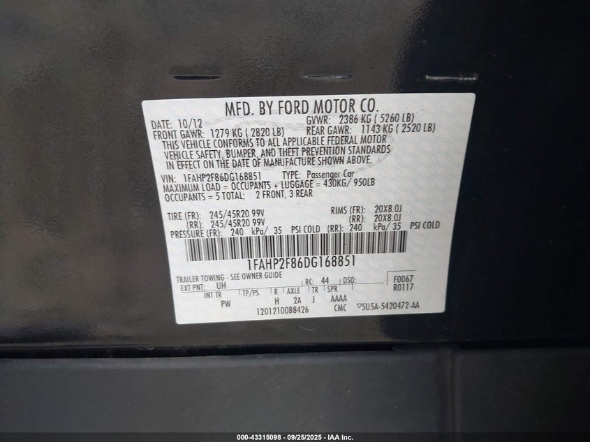 2013 FORD TAURUS LIMITED - 1FAHP2F86DG168851