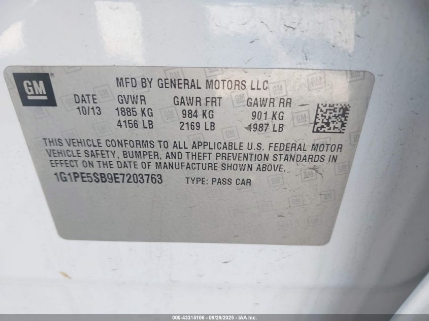 2014 Chevrolet Cruze 2Lt Auto VIN: 1G1PE5SB9E7203763 Lot: 43315106