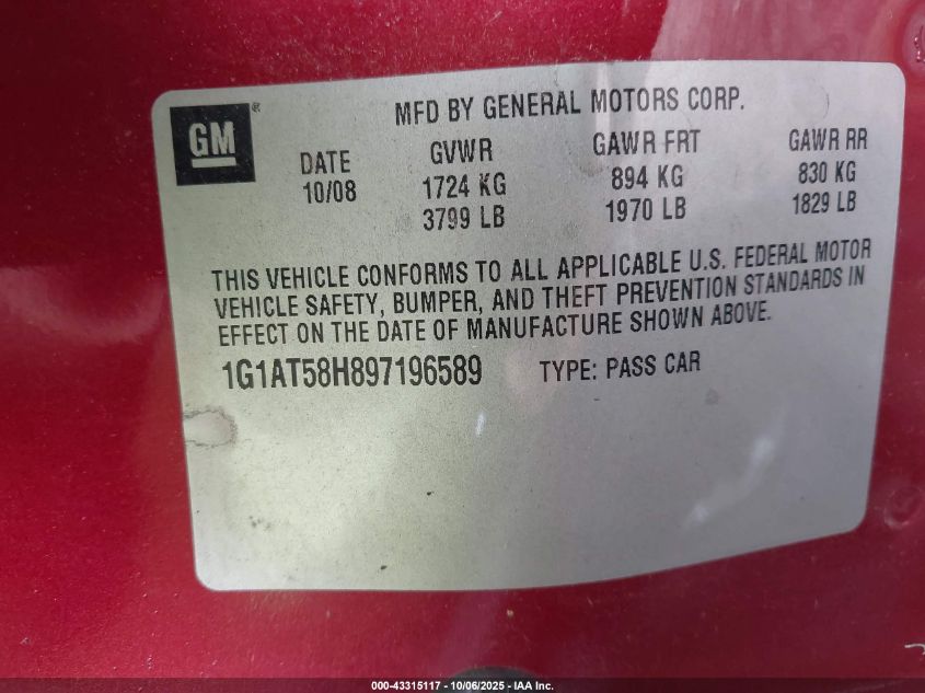 2009 Chevrolet Cobalt Lt VIN: 1G1AT58H897196589 Lot: 43315117