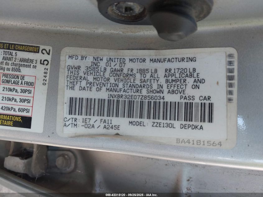 2007 Toyota Corolla Ce VIN: 1NXBR32E07Z856034 Lot: 43315120